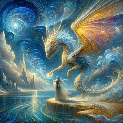 The primary subject of the image is a woman standing on a rock in front of a dragon. The setting is a water-based environment, with the woman and the dragon being the main focus of the scene. The visual style appears to be a digital art or illustration, with the woman and the dragon being the main objects in the image. The colors and mood of the image are predominantly blue and serene, creating a peaceful and mystical atmosphere.